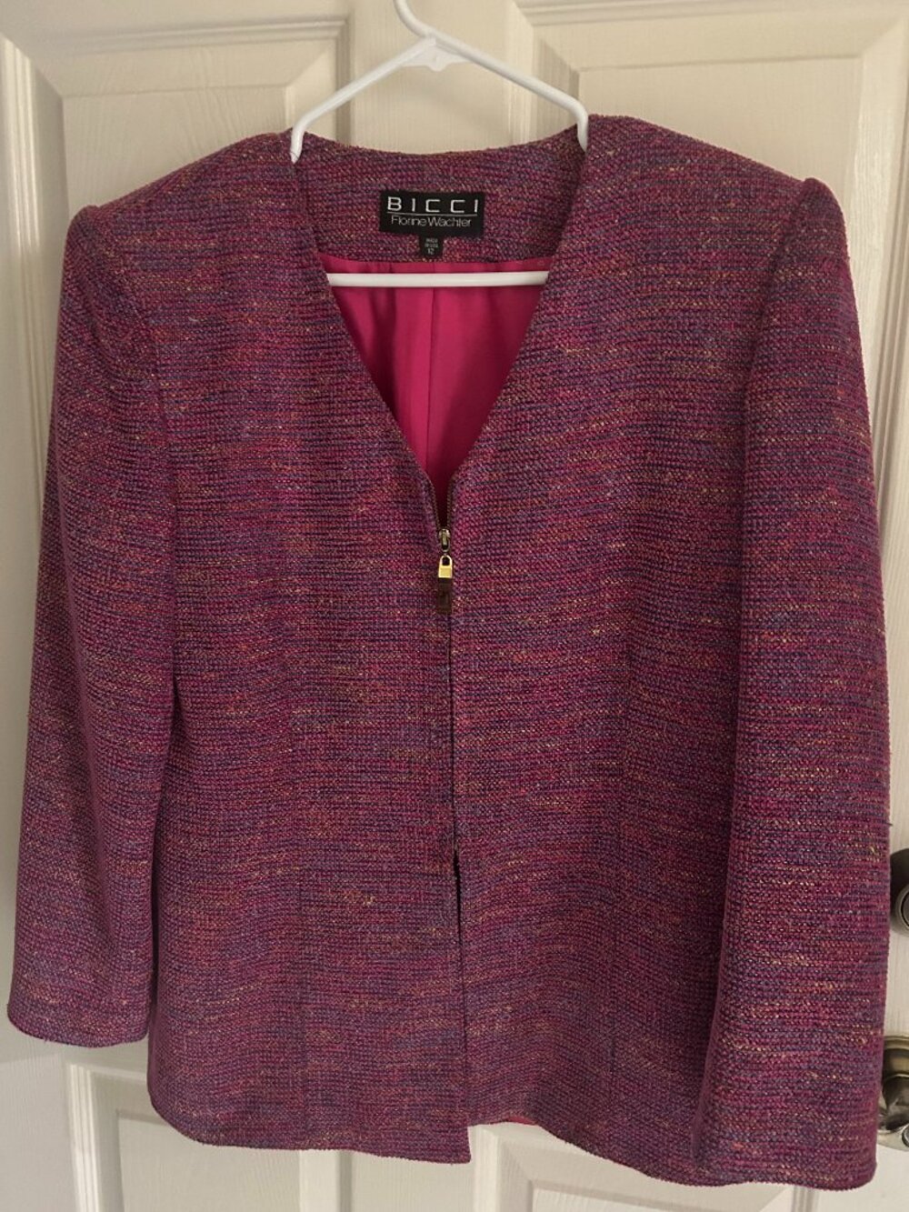 Bicci Florine Wachter  Size 12, Pink Tweed Zip Up V-neck Blazer Coat With Should